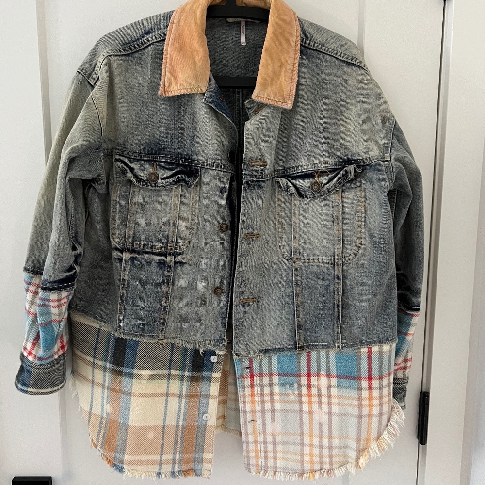 Free People oversized denim jacket with flannel accents